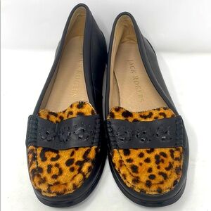 Jack Rogers Black Leather Cow Fur Leopard Print Loafers Size 6